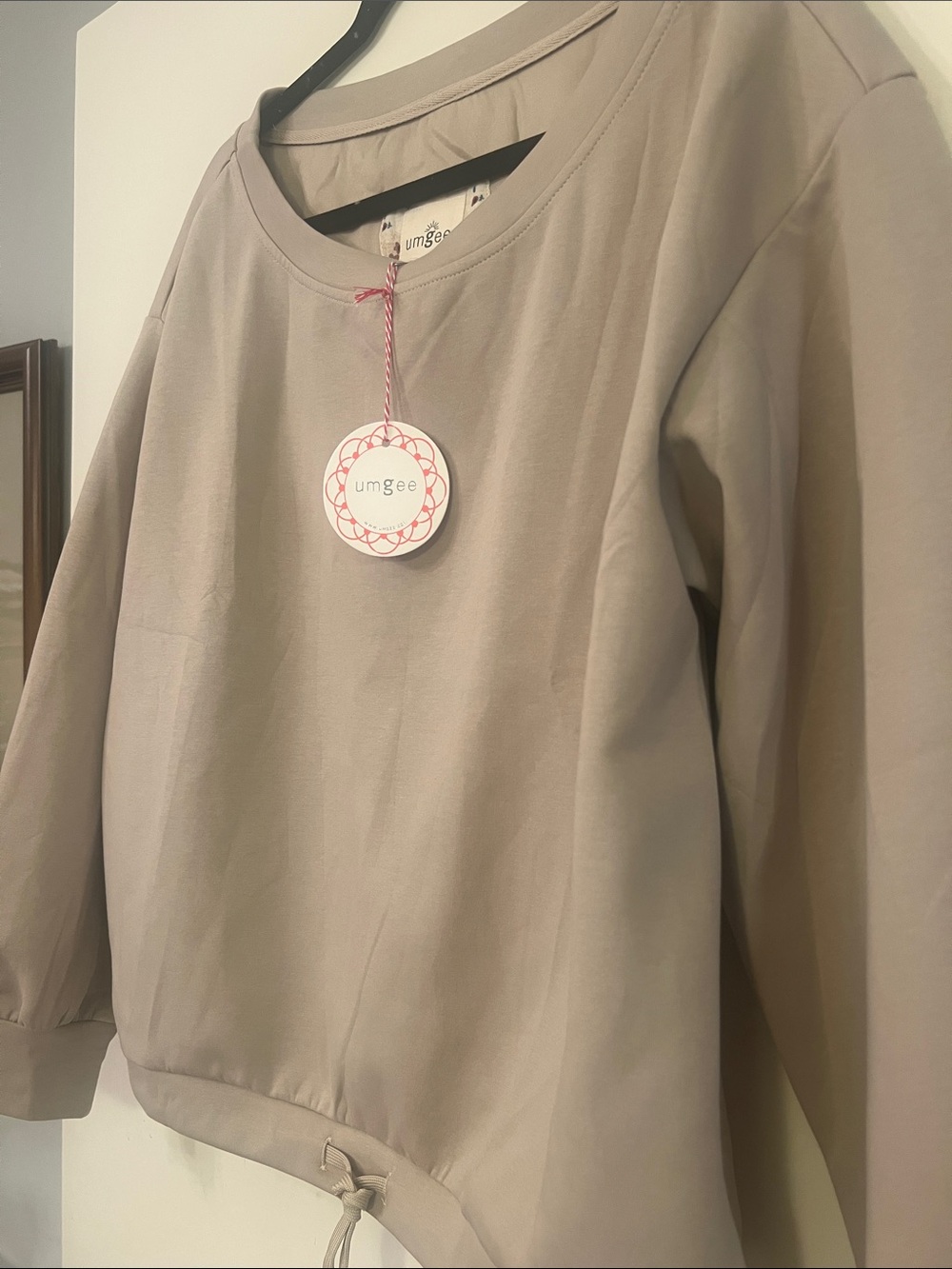 Umgee Cozy Drawstring Hem Sweatshirt in Taupe / Tan - Picture 3 of 6